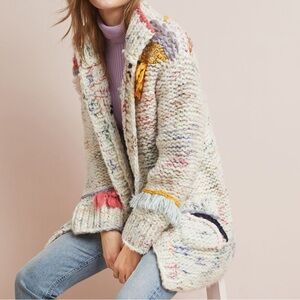 Anthropologie Cream Multicolor Chunky Knit Cardigan